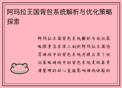 阿玛拉王国背包系统解析与优化策略探索