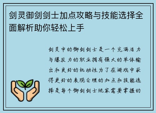 剑灵御剑剑士加点攻略与技能选择全面解析助你轻松上手